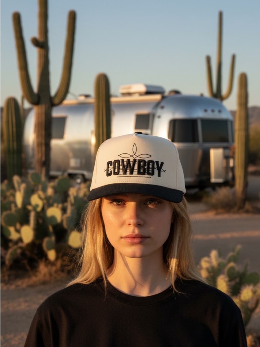 Black Cowboy Boot Toe Stitch Embroidered Cream Baseball Snap Back Trucker Hat